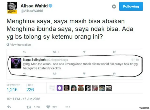 Salah satu kicauan dari akun @CelingkuhNaga yang banyak menuai kecaman di media sosial karena kata-katanya yang dianggap menghina mantan ibu negara.
