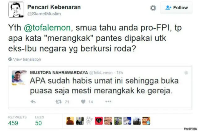 Perdebatan terjadi di media sosial termasuk antara dua akun ini.