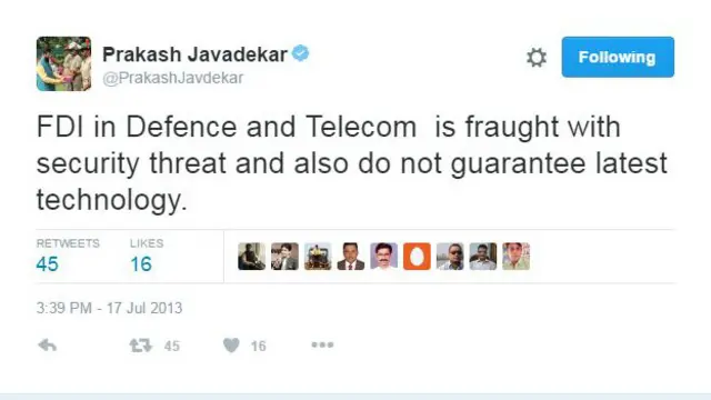 एफ़डीआई पर प्रकाश जावड़ेकर का ट्वीट