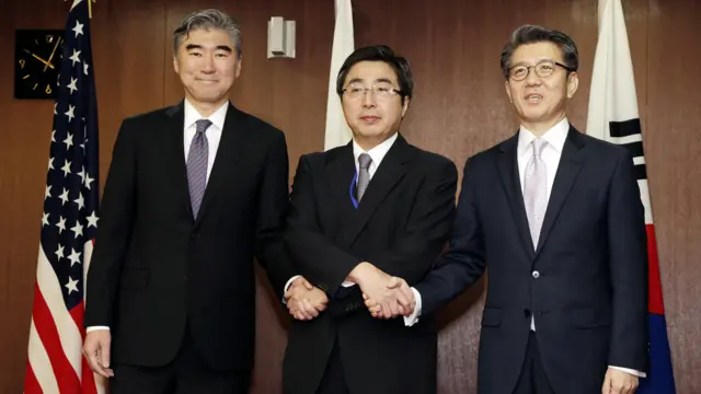 從左至右：金聖鎔、石兼公博和金弘筠（1/6/2016）