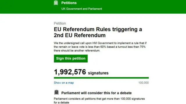 截止到周六格林尼治標凖時間6月25日1700時，要求重新公投的請願簽名已經超過199萬人。
