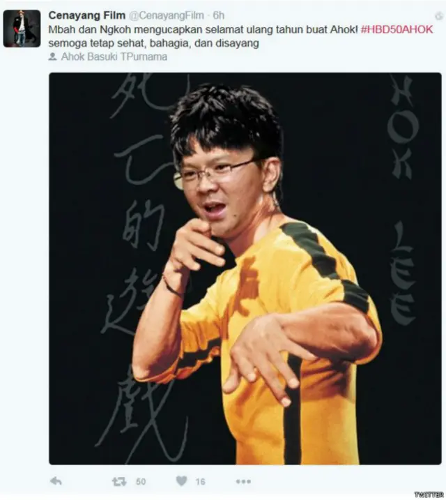 "Mbah dan ngkoh mengucapkan selamat ulang tahun buat Ahok! #HBD50AHOK semoga tetap sehat, bahagia, dan disayang," kata akun Twitter @cenayangfilm.