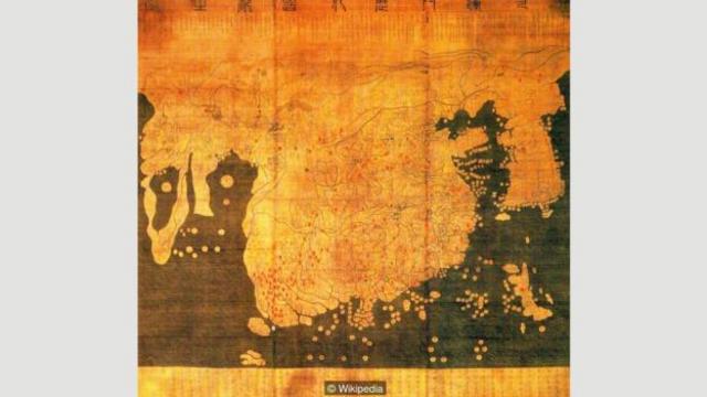 制作于1402年的受到中国影响的韩国的疆理图（Kangnido）（图片来源：Wikipedia）