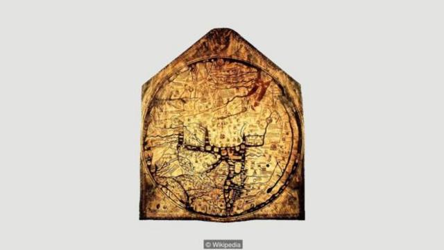 制作于1300年的赫里福德大教堂Mappa Mundi世界地图（图片来源：Wikipedia）