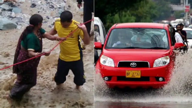 ښارونو کې د ګاډو اوږده کتارونه لیدل شوي، چې باراني اوبو کې ایسار پاتې دي او کوڅې یې له اوبو ډکې دي 