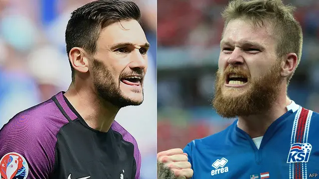 Kapten Islandia Aron Gunnarsson (kanan) dan kapten Prancis Hugo Lloris.