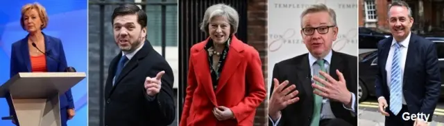 Các ứng viên (từ trái sang) Andrea Leadsom, Stephen Crabb, Theresa May, Michael Gove và Liam Fox