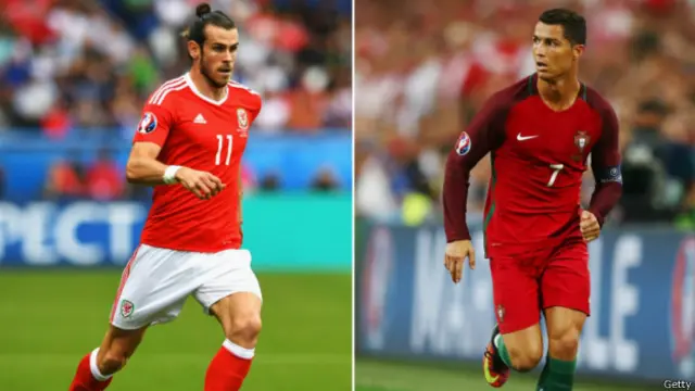 Rekan satu tim di Real Madrid, Gareth Bale dan Cristiano Ronaldo, berhadapan saat Wales menantang Portugal pada babak semifinal Piala Eropa.