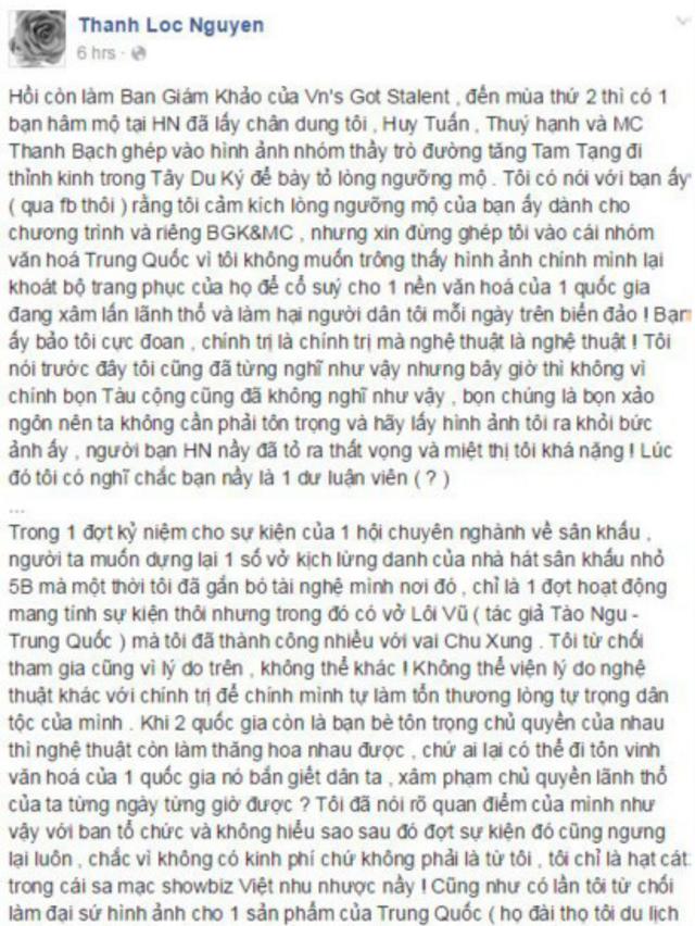 Nghệ sĩ Thành Lộc viết trên Facebook