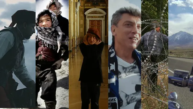 Фрагменти з кадрів фільмів-учасників конкурсу ОМКФ: "Холодний яр. Інтро" , "Земля просвітлених" , "Олег і рідкісні види мистецтва", "Мій друг Борис Нємцов", "Я не перетинав кордон: кордон перетнув мене", У Каліфорнії".