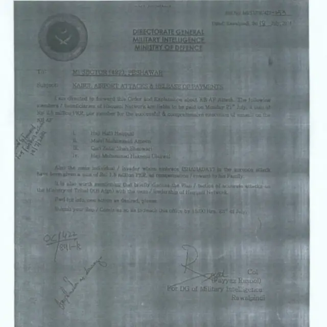 په دغه مکتوب کې ظاهرا د پاکستان استخباراتو مرکزی دفتر خیبر پښتونخوا ایالت کې د پوځي استخباراتو دفتر (۴۵-MI) ته امر کوي کومو کسانو چې کابل کې پر هوایي ډګر برید طرحه په بریالیتوب پلې کړه، ترې مننه وکړي او د هڅونې لپاره یې هر یوه ته دوه نیم میلیونه پاکستانۍ روپۍ ورکړي.