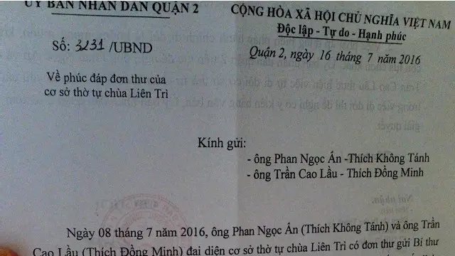 Công văn của Chủ tịch Ủy ban Nhân dân quận 2 ký gửi Hòa thượng Thích Không Tánh