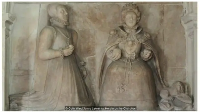 Peringatan Abad ke-16 di Bacton Church, Herefordshire memperlihatkan Ratu Elizabeth I dengan salah satu pengikut setianya (Kredit: Colin Ward/Jenny Lawrence/Herefordshire Churches).