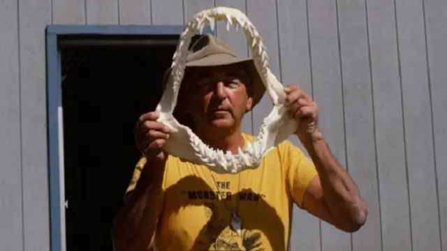 دوّن بِنشلي مآثر فرانك مندُس؛ الصياد الذي اصطاد سمكة شديدة الضخامة من نوع "القرش الأبيض الكبير"