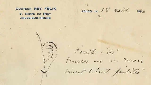 Surat yang ditulis oleh dokter Felix Rey menampilkan diagram jelas bagian telinga yang dipotong oleh Van Gogh.