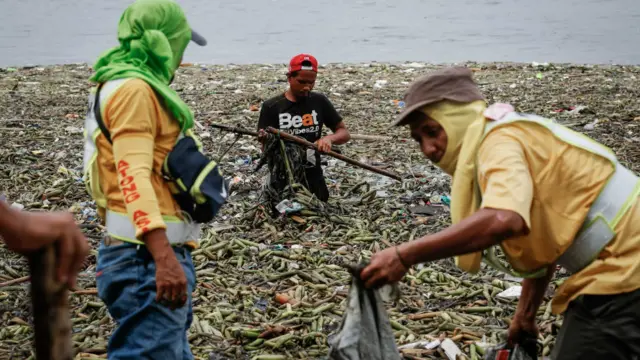 马尼拉湾工人忙于清理台风妮妲冲来的垃圾(1/8/2016)