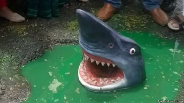 गड्ढे में शार्क का पुतला