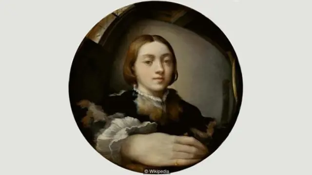  在吉罗拉摩.佛朗西斯科.玛利亚.马佐拉（Girolamo Francesco Maria Mazzola）创作的《凸镜中的自画像》(1524)（Self-portrait in a Convex Mirror）中，人物背后的背景像是消失了。(图片来源: Wikipedia)