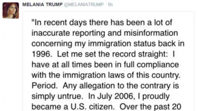 梅拉尼娅也发表推特称,多年以来她一直遵循美国的移民法,任何相反的说法都是谎言。