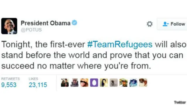 الحساب الرسمي لرئيس أمريكا: "اليوم سيقف أول فريق للاجئين أمام العالم ويُثبت له أنه بإمكان الشخص النجاح، أياً كانت ظروفه"