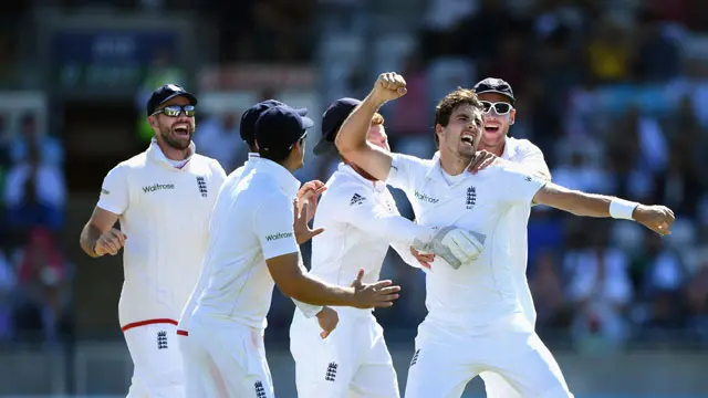 سٹیون فن سمیع اسلم کی وکٹ حاصل کرنے کے بعد خوشی سے فضا میں اچھل پڑے