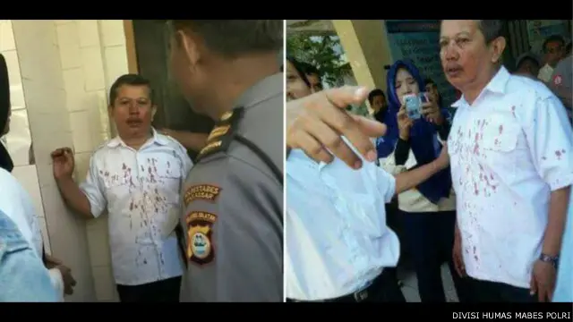 Foto diambil dari Facebook Divisi Humas Mabes Polri, memperlihatkan guru yang melaporkan tindakan kekerasan yang dialaminya. 