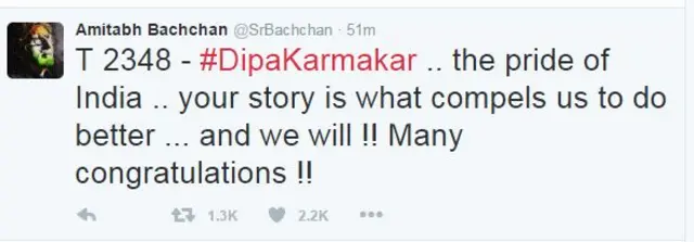 अमिताभ बच्चन ने दीपा कर्मकार को ट्विटर पर बधाई दी