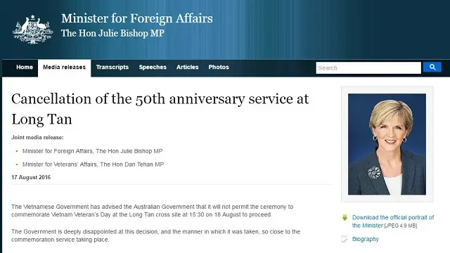 Thông cáo của Bộ trưởng Ngoại giao Úc Julie Bishop về việc lễ kỷ niệm cuộc chiến Long Tân bị hủy bỏ