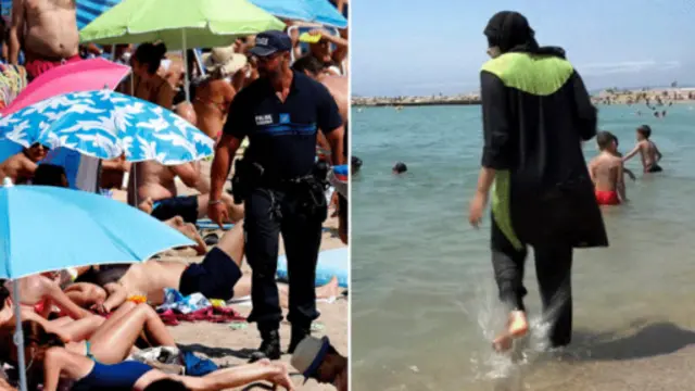 Pengenaan burkini dilarang di pantai-pantai Cannes, Prancis.