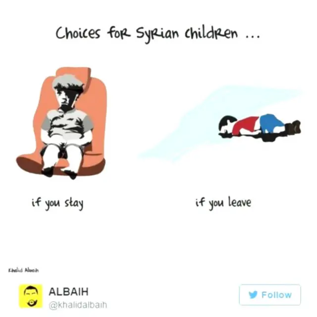 یک کاربر توییتر به نام خالد با انتشار این کارتون نوشته: "وضعیت کودکان در سوریه چنین است؛ بروند (آیلان)، بمانند (عمران).