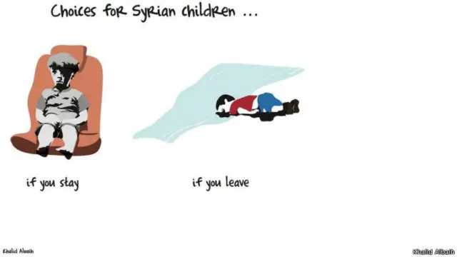 اس کارٹون میں دو بچوں کی تصویر کشی کی گئی ہے جن میں سے ایک ایلان کردی ہیں اور دوسرے عُمران اور لکھا ہے ’شامی بچوں کے لیے دو ہی راستے اگر وہ شام سے جائیں تو اگر وہ شام میں رہیں تو۔‘