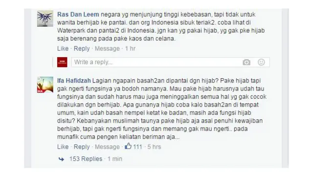 Tanggapan yang diterima oleh pembaca di Facebook BBC Indonesia.