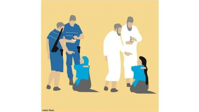 خالد البیہ کا کارٹون جس میں برقع پہنانے والوں اور برقینی اتارنے والوں کو ایک ہی صف میں کھڑا کیا گیا ہے