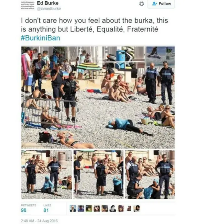 Cuitan dan foto ini mempertanyakan aksi polisi dengan semboyan kebebasan, persamaan, persaudaraan Prancis.