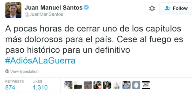 桑托斯总统的推特帖文（28/8/2016）