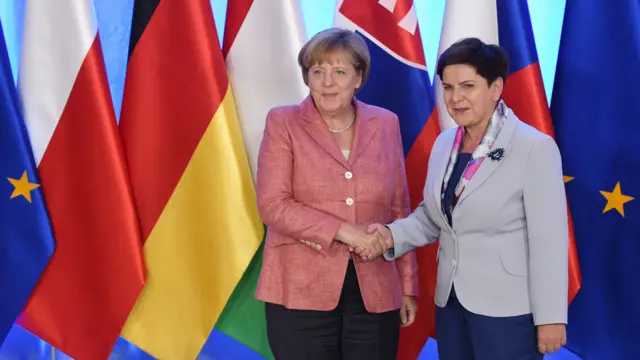 默克尔（左）与波兰总理希德沃（右）在出席华沙维谢格拉德集团峰会之际握手（26/8/2016）