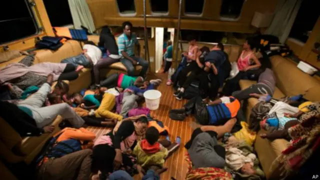 Para migran berlayar dengan kapal yang penuh sesak dan tak layak melaut .
