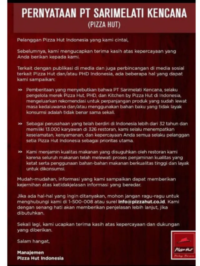 Bantahan Pizza Hut disampaikan lewat Twitter dan dalam jumpa pers terpisah namun di ruangan yang sama dengan Marugame, saat laporan ini siap diturunkan. 