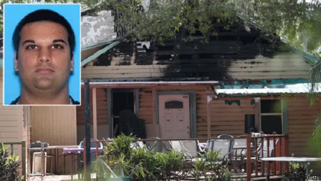 Kondisi masjid di Fort Pierce rusak parah. Kebakaran pada masjid diduga disengaja oleh Joseph Michael Schreiber (inset).