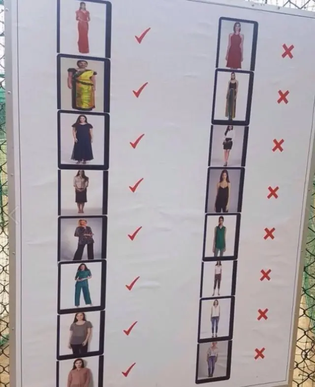 اس پوسٹر میں خواتین کے ملبوسات پر مبنی مختلف طرح کی 16 تصاویر ہیں اور ہر تصویر کے سامنے صحیح یا غلط کا نشان لگا ہوا ہے