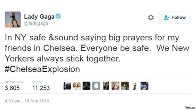 "دعواتي مع أصدقائي في تشيلسي. أرجو أن يكون الجميع بخير. نحن سكان نيويورك معروفين بمساندتنا لبعضنا البعض"