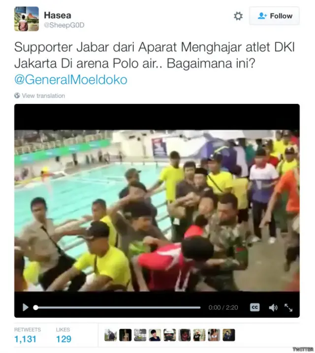 Hasea dalam kicauannya mengatakan bahwa pemukulan dilakukan oleh aparat TNI yang ketika itu menjadi pendukung kontingen Jawa Barat. Tetapi TNI mengatakan aparat itu sedang bertugas melakukan pengamanan.