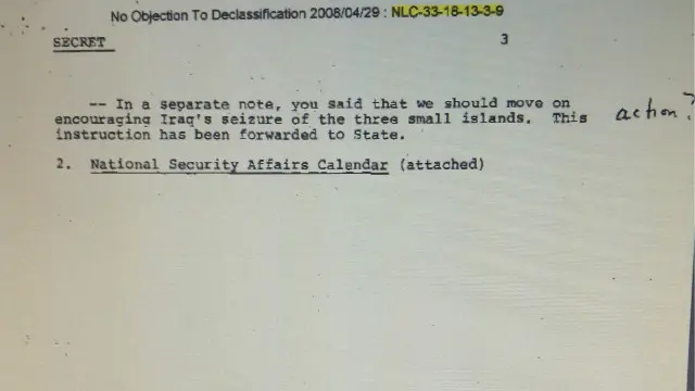 صفحه آخر گزارش هفتگی برژینسکی به کارتر - یک پاراگراف مربوط به جزایر سه گانه در سال ۲۰۰۸ از حالت سانسور بیرون آمده