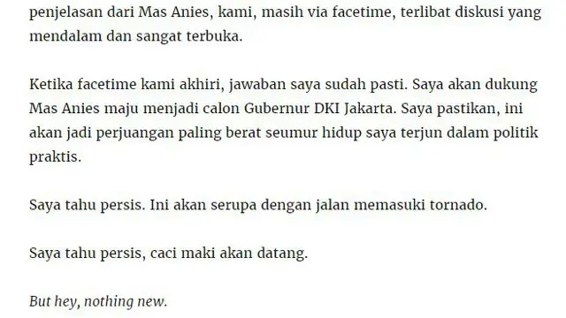 Potongan blog Pandji yang memperlihatkan dukungannya kepada Anies Baswedan.