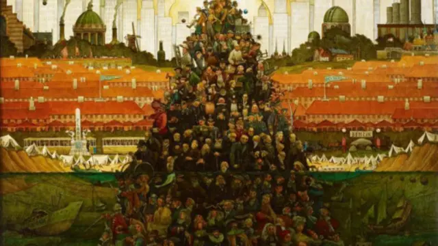 哈拉爾德·英格曼（Harald Engman）的《疊羅漢》（Human Pyramid）（1941 年）是藝術史上最為複雜的金字塔形結構之一（圖片來源：Wikipedia）