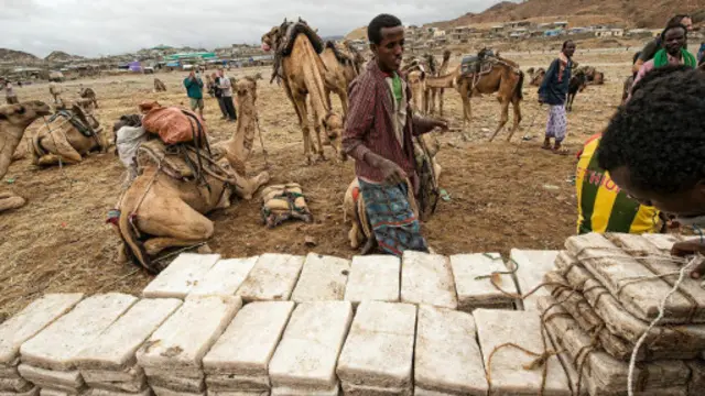 阿法部落的工人从湖水中提取盐分，然后切割盐块（图片来源：Dave Stamboulis）