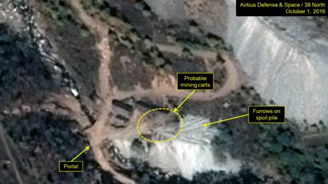 “北38”（38 North）研究小组10月1日收集的照片指，丰溪里核试验场三道隧道均有加强活动的迹象。
