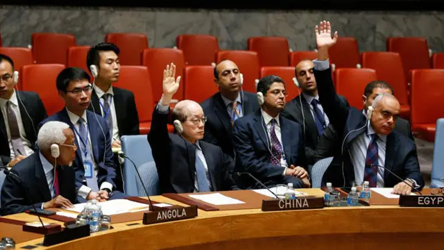 刘结一（中）投票支持俄罗斯草案（新华社图片8/10/2016）