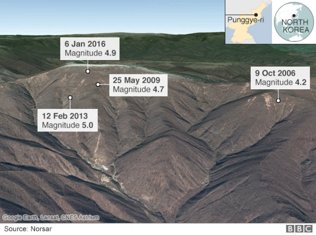 朝鮮歷次核試驗位置圖