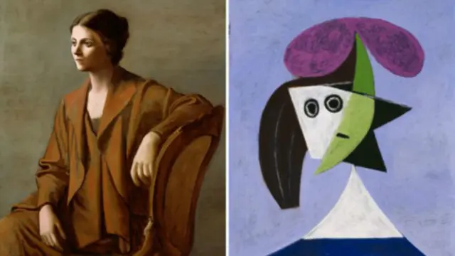 毕加索对第一任夫人的描绘，从开始的古典形象到分居前的抽象，差别明显却又不乏相似之处。